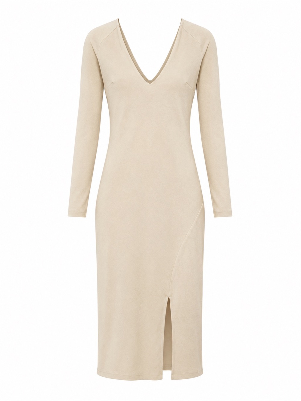 bebe Tan V-Neck Long Sleeve Midi Dress with Front Slit